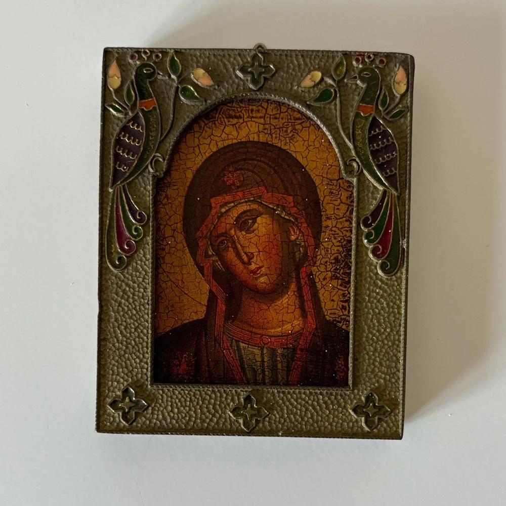 Icon of the Virgin Mary, Mother of God in Metal Cloisonné Peacock Enamel Frame - Picture 2 of 8